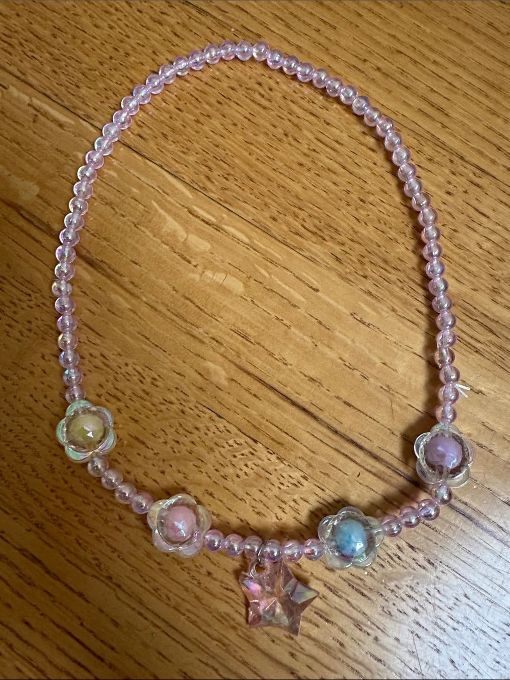 Kids Pink Bead Necklace with Iridescent Flower Charms and Star Pendant